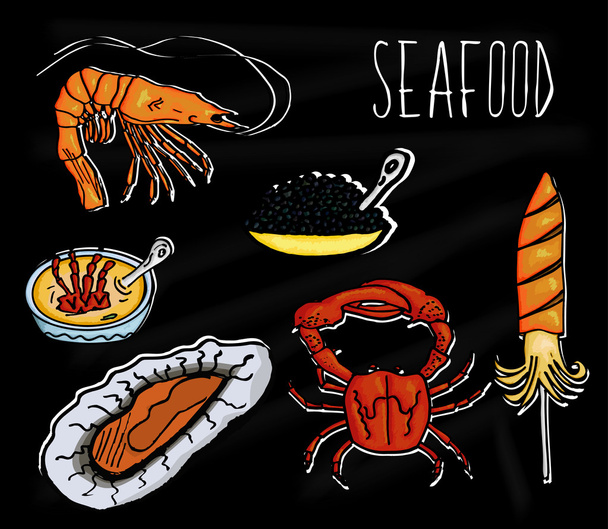 Handdrawn illustration from the collection of seafood. The old school blackboard with colorful colorful marine animals. Vector - Vettoriali, immagini