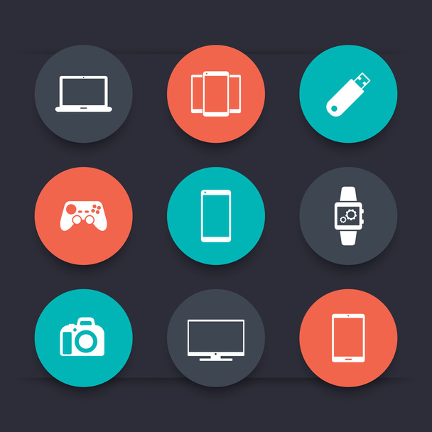Gadget (laptop, tablet, fotocamera, smartphone) icone rotonde
 - Vettoriali, immagini