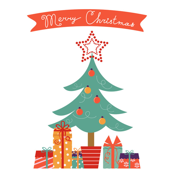 Carte de Noël avec sapin de Noël et cadeaux - Vecteur, image