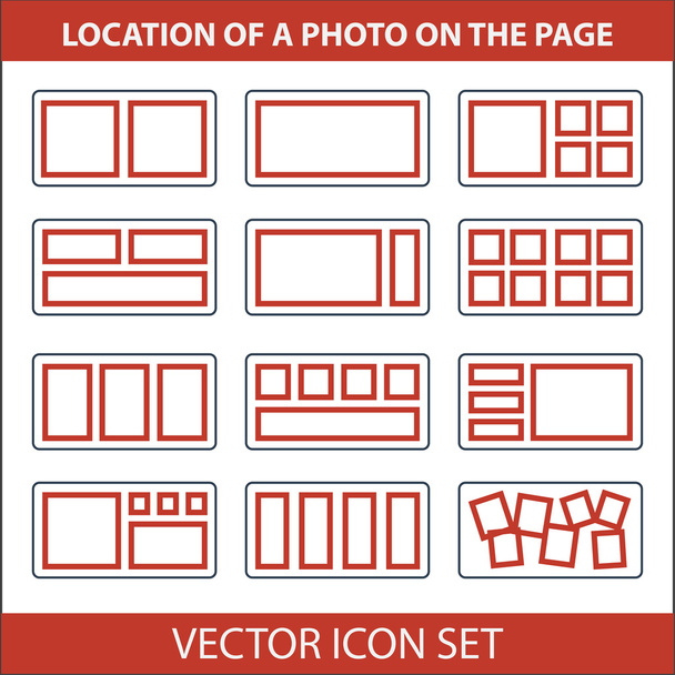 Pictogrammenset van locatie foto's op pagina photobook - Vector, afbeelding