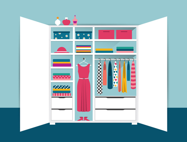 Open wardrobe. White closet with tidy clothes, shirts, sweaters, boxes and shoes. Home interior. Flat design vector illustration. - Vector, Image