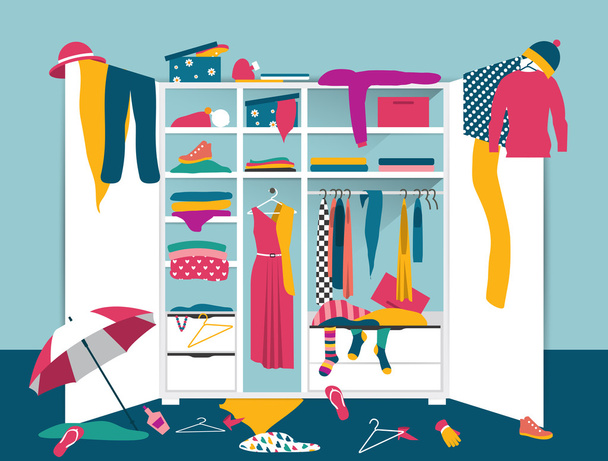 Open wardrobe. White closet with untidy clothes, shirts, sweaters, boxes and shoes. Home mess interior. Flat design vector illustration. - Vector, Image