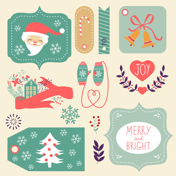 ajándék-címkék és karácsonyi grafikai elemek gyűjteménye - Vektor, kép