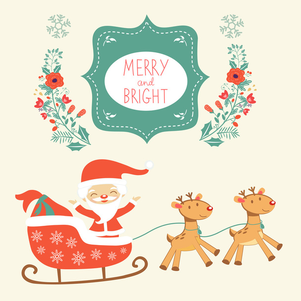 かわいいサンタ クロースと鹿のメリー クリスマス カード - ベクター画像