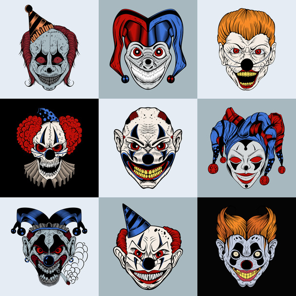 Set of nine images with painted fantastic scary clown. - Vector, Image