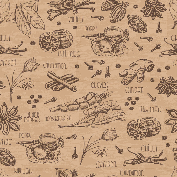 Seamless pattern with spices on a beige background - Vektor, kép