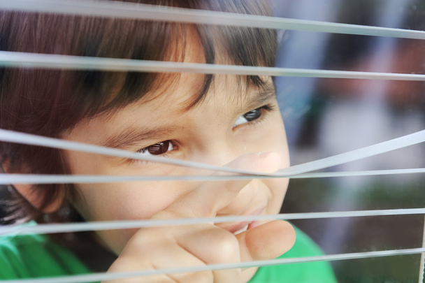 portret niewinny mały chłopiec ciekawski przez okno żaluzje - Zdjęcie, obraz