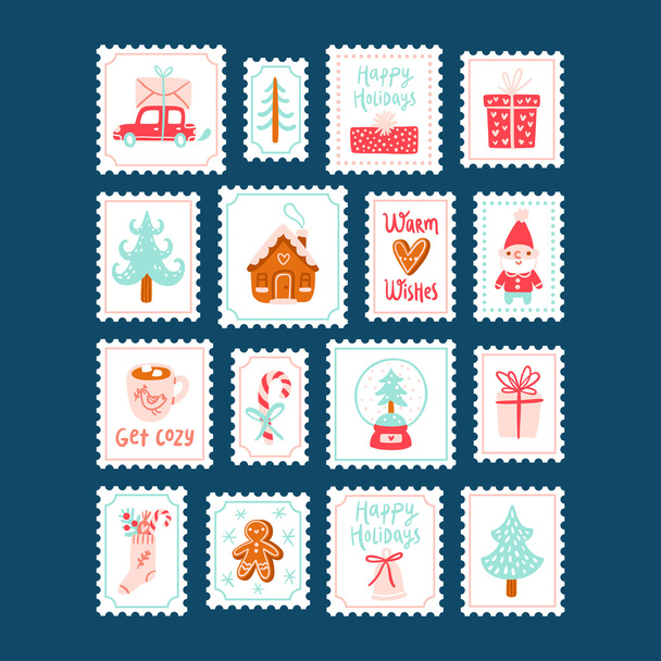 Winter holidays decorative post stamps set - Vector, Image