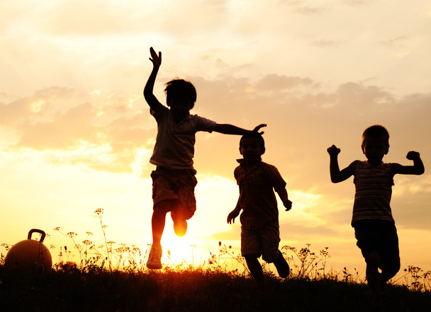 Groupe d'enfants heureux jouant sur la prairie
 - Photo, image