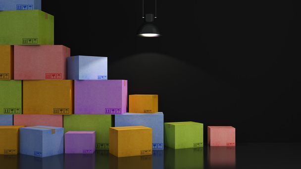 χαρτοκιβώτια των χρωμάτων στο άδειο δωμάτιο 3d - Φωτογραφία, εικόνα