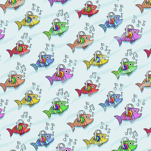 repetitive pattern with fish who listen to music - ベクター画像