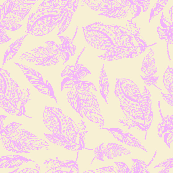 Vector seamless pattern of exotic peerless decorative hand drawn pink feathers on yellow background - Vector, Imagen