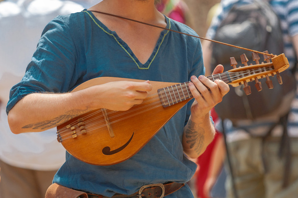 Μεγέθυνση της μεσαιωνικής κιθάρα παίκτης μέρη του σώματος - Φωτογραφία, εικόνα