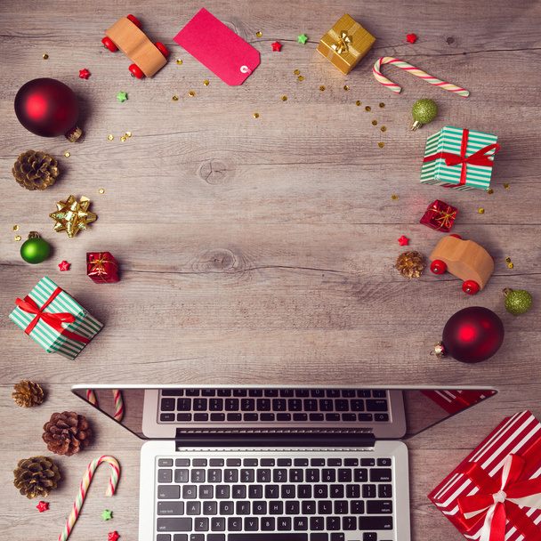 Laptop computer with Christmas decorations - Zdjęcie, obraz