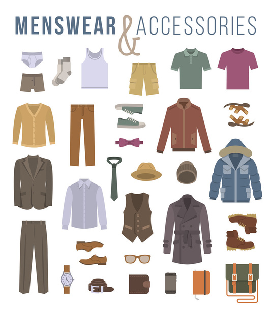 Men fashion clothes and accessories flat vector icons - Vector, Image