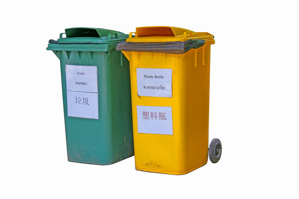 dois cor lixo sujo bin com Inglês, tailandês, etiqueta de texto chinês
 - Foto, Imagem