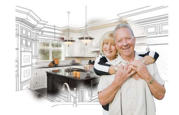 Senior Couple Over Kitchen Design Drawing and Photo on White - Photo, Image