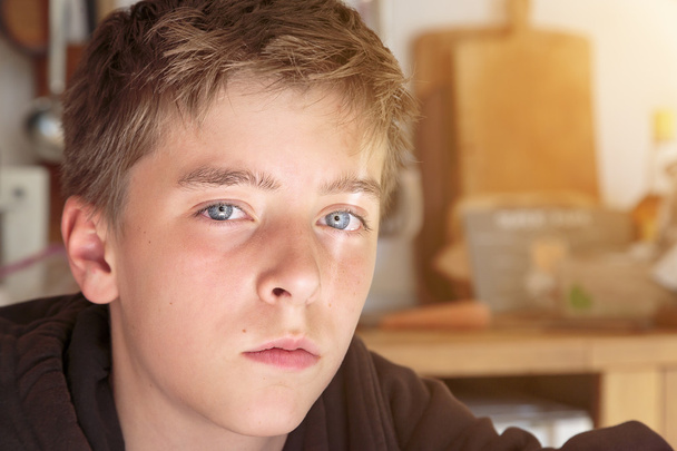 πορτρέτο ενός έφηβου αγοριού που κάθεται σε μια κουζίνα - Φωτογραφία, εικόνα
