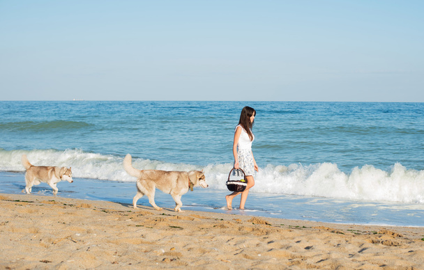 young caucasian female walking with siberian husky dog on beach - Фото, зображення