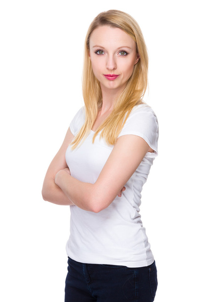 caucasian young woman in white t-shirt - Фото, изображение