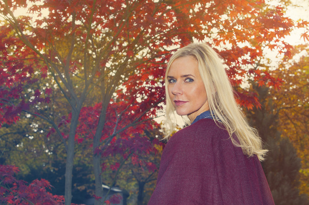blond woman in a park in autumn - Fotó, kép