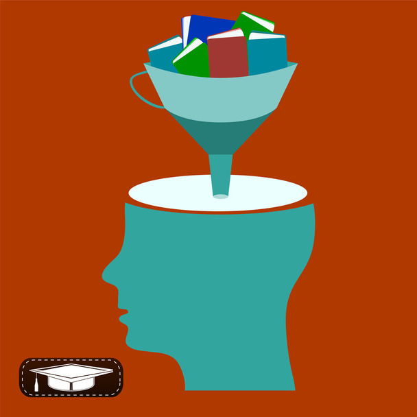 Funnel with books, open head, gaining knowledge, education - Vector, Image