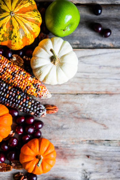 Pumpkins,corn,apples,nuts and cranberries on wooden background - Фото, изображение