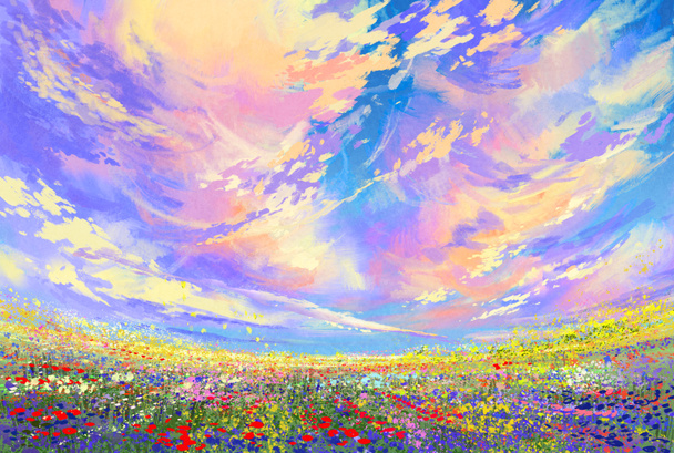 színes virágok mezőben szép felhők alatt - Fotó, kép