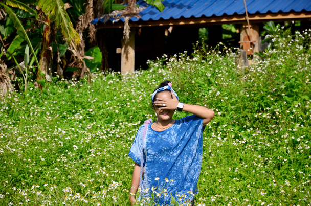 Retrato de mujer tailandesa con campo de flores de aguja español
 - Foto, imagen