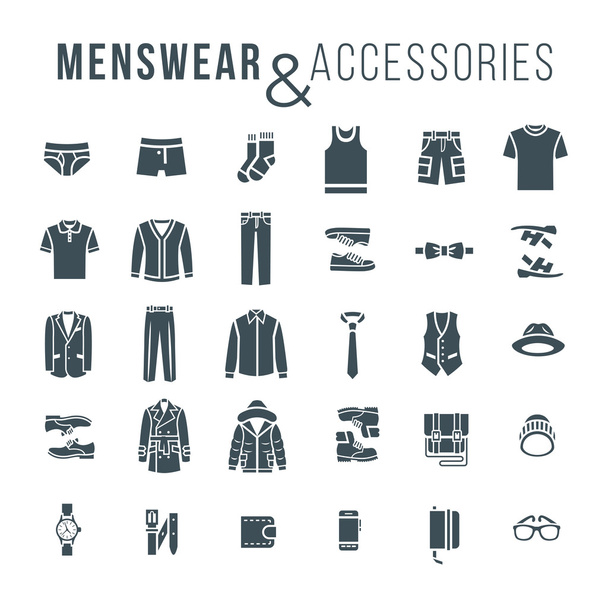 Hombres moda ropa y accesorios planos contorno vector iconos
 - Vector, Imagen
