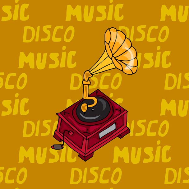 Illustration vintage music. Vintage music card with gramophone. Seamless pattern phonograph. - Vector, Image