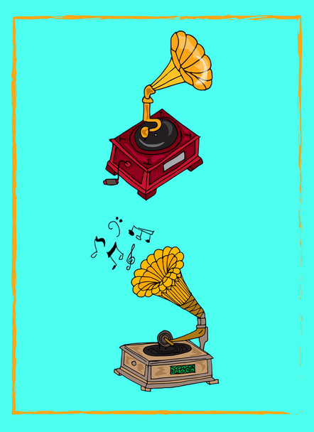 Ilustración de música vintage. Gramófono sobre fondo turquesa. Tarjeta de música Vintage
. - Vector, imagen