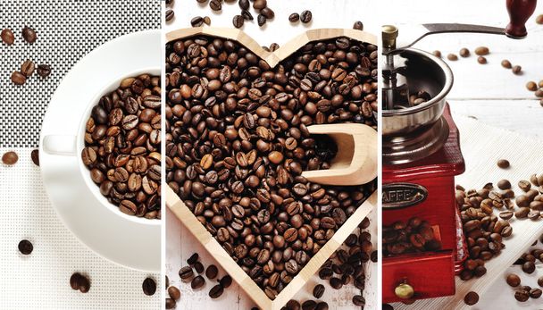 Kaffee-Collage - Kaffeebohnen-Tasse, Kaffeeherz, Kaffeemühle - Foto, Bild