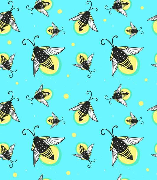 Hand-drawn seamless cartoon fireflies bugs design. - Vector, Image
