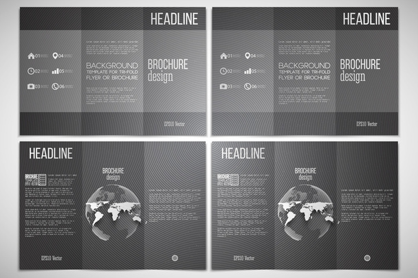Vector set of tri-fold brochure design template on both sides with world globe element. Dark design, textured vector background - Вектор,изображение