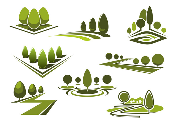 Parks and gaden icons with green trees - Vector, afbeelding