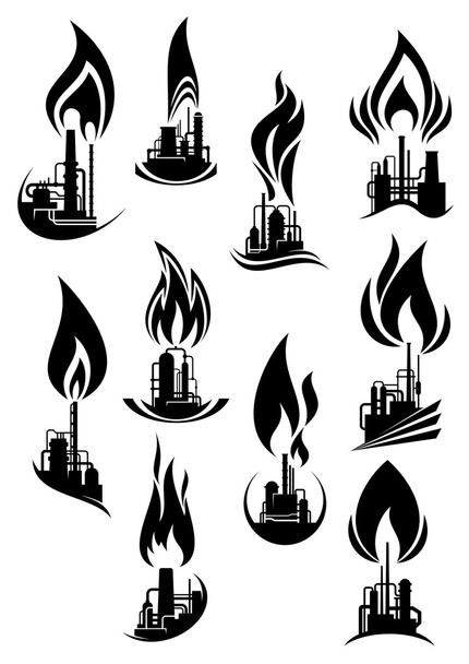 Oil and gas factories black icons - Διάνυσμα, εικόνα