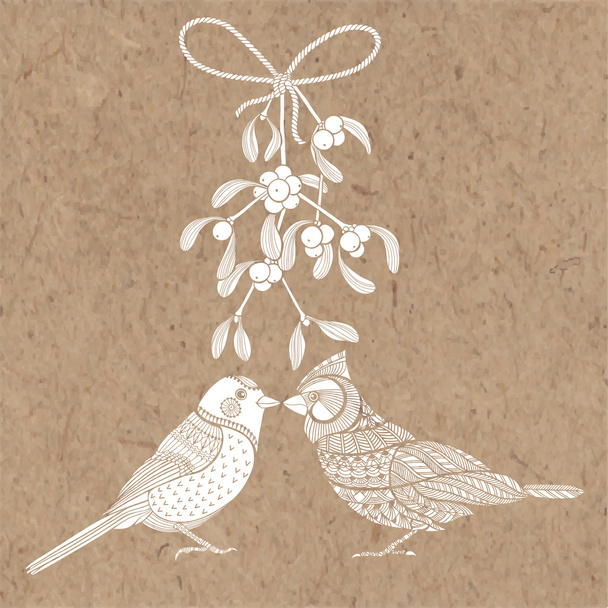 Birds and mistletoe. Christmas card - Vector, Imagen