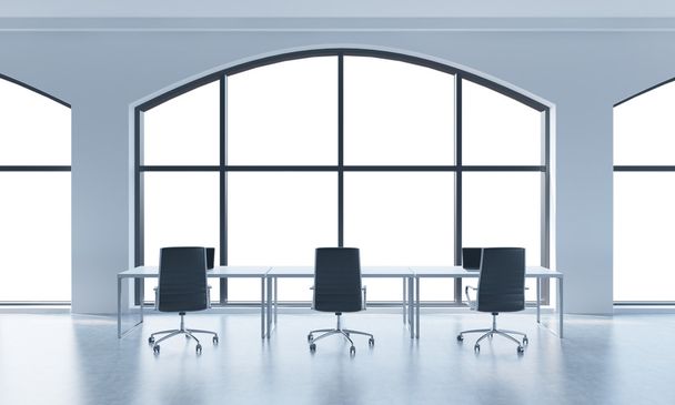 A conference room in a modern panoramic office with white copy space in windows. White table and black chairs. 3D rendering. - 写真・画像