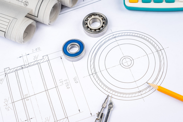 Desenhos de construção rolamentos de rolos de paquímetro deslizante na arquitetura de projeto e conceito de construção
. - Foto, Imagem
