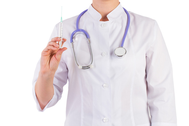doctor holding a syringe, white background - Foto, Imagen