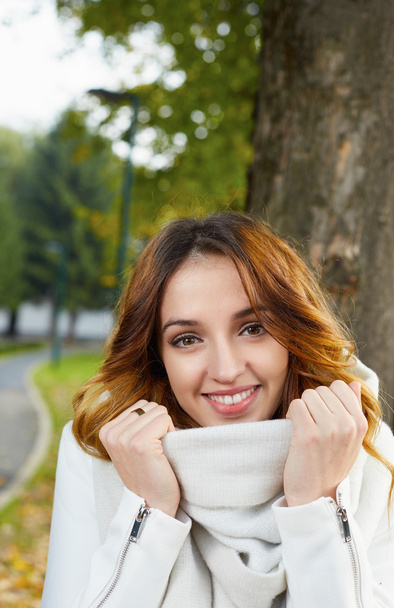 Portrait of cheerful young woman with autumn leafs in front of f - Foto, Bild