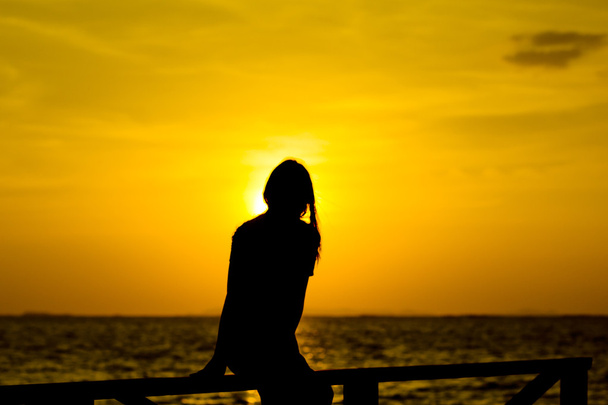 Stock Photo Stock Photo: Profile of a woman silhouette watching sun on the beach at sunset - Photo, Image