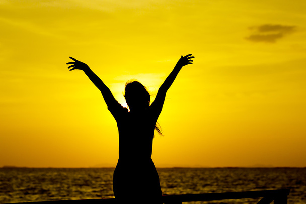 Стокове фото Стокове фото: профіль жіночого силуету, який дивиться сонце на пляжі під час заходу сонця
 - Фото, зображення