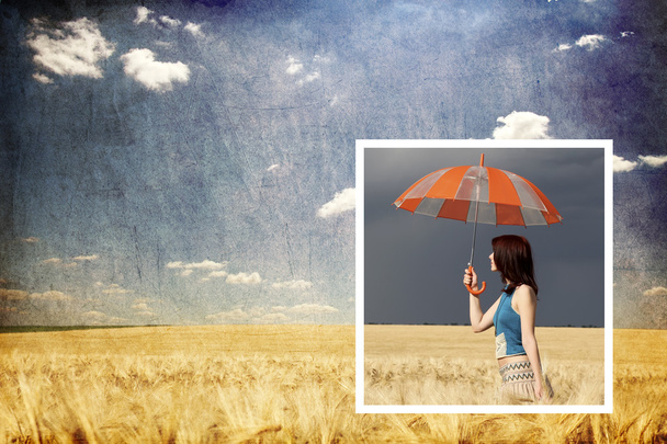 Fotó kollázs. Lány esernyő a búza mező belsejében a vihar - Fotó, kép