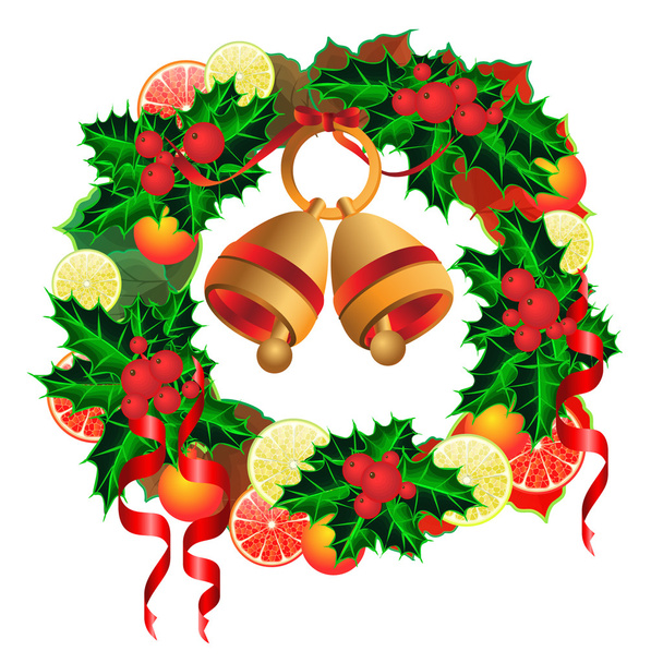 Boże Narodzenie wieniec z dzwonów, owoców i holly - Wektor, obraz
