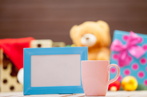 tasse de café ou de thé avec cadre photo bleu
 - Photo, image
