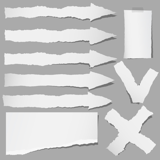 Set van verschillende grijze gescheurde papieren pijlen, kruis, aanvaarden, ja of Nee symbolen - Vector, afbeelding
