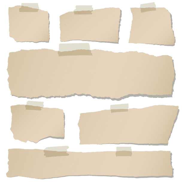 Set aus verschiedenen braunen aufgerissenen Notizpapieren mit Klebeband auf weißem Hintergrund - Vektor, Bild