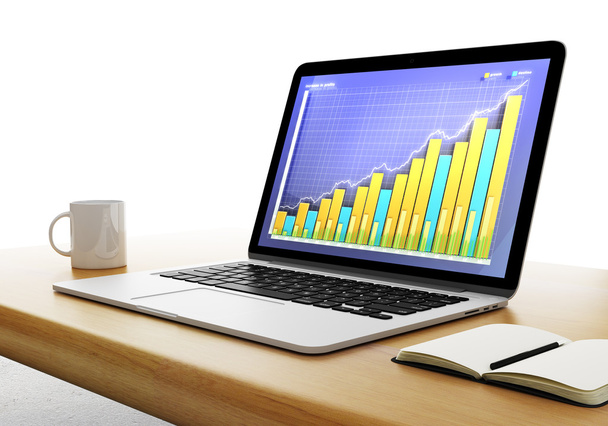 Geschäftsdiagramm auf Laptop-Desktop mit Tasse Kaffee und Tagebuch - Foto, Bild